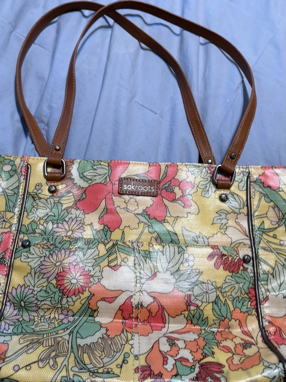 Sakroots Yellow Floral Tote with Brown Straps